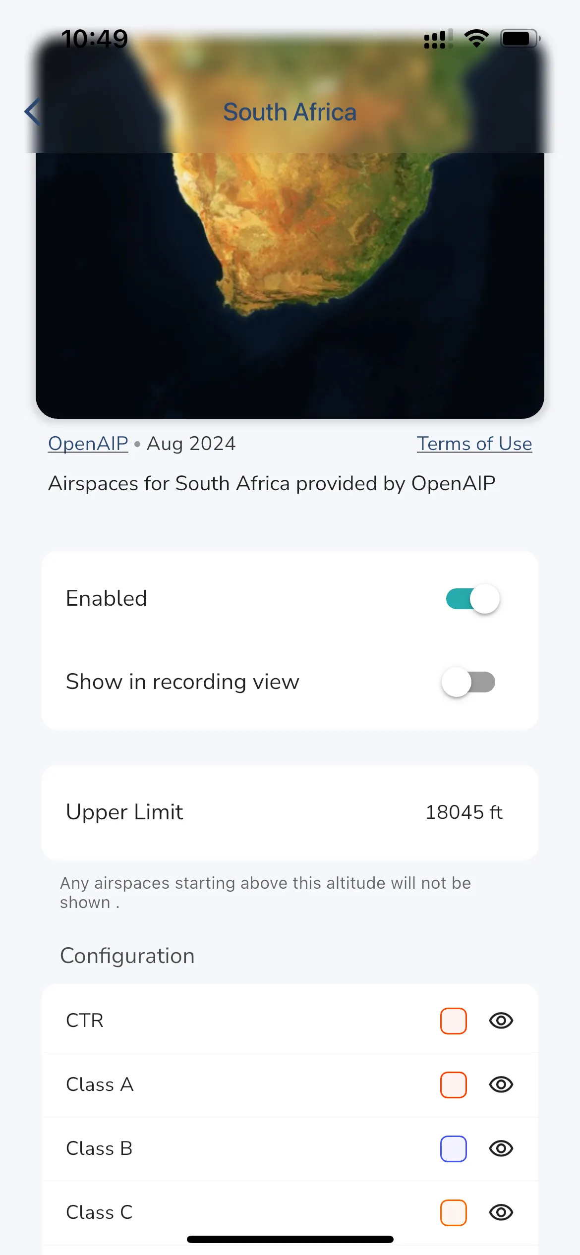 Airspace Configure Screen