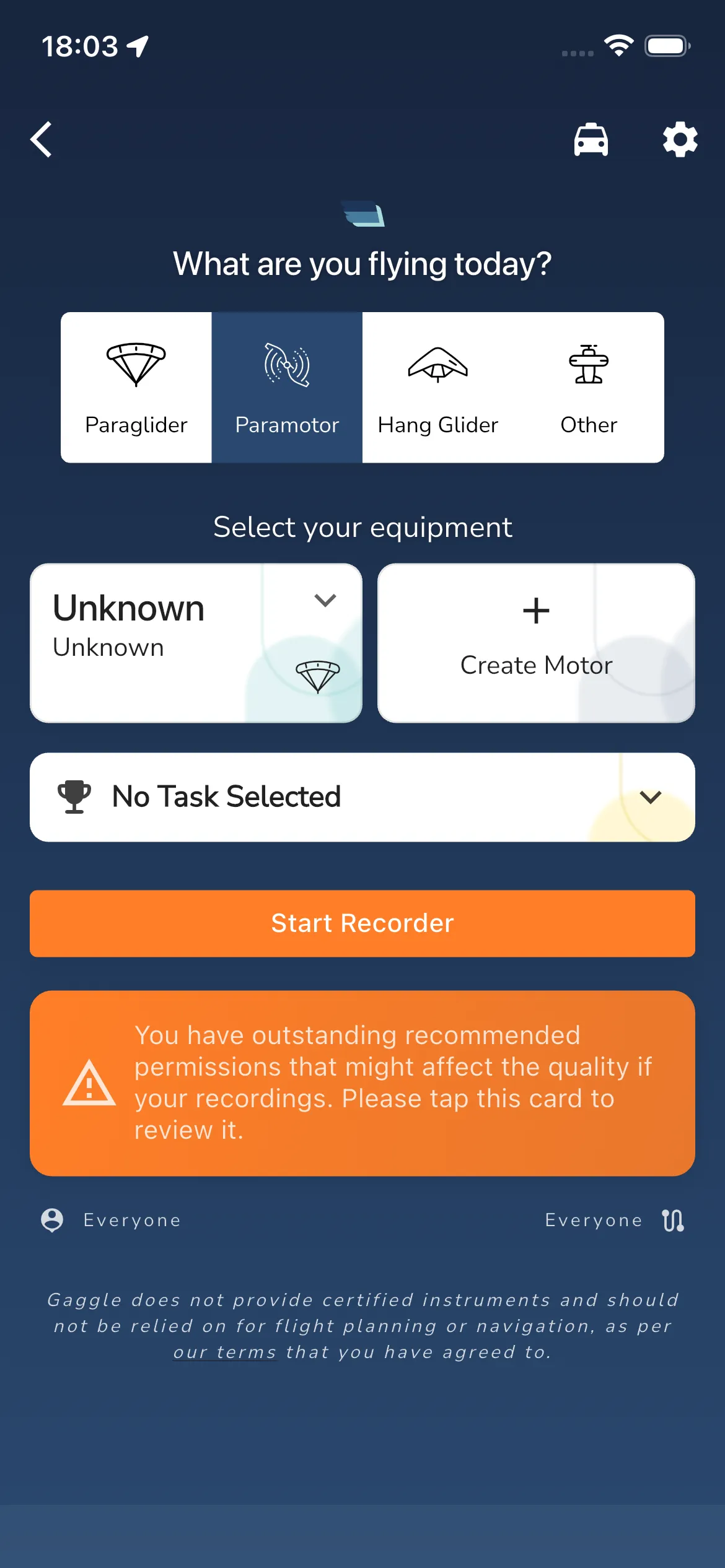 Recorder setup screen
