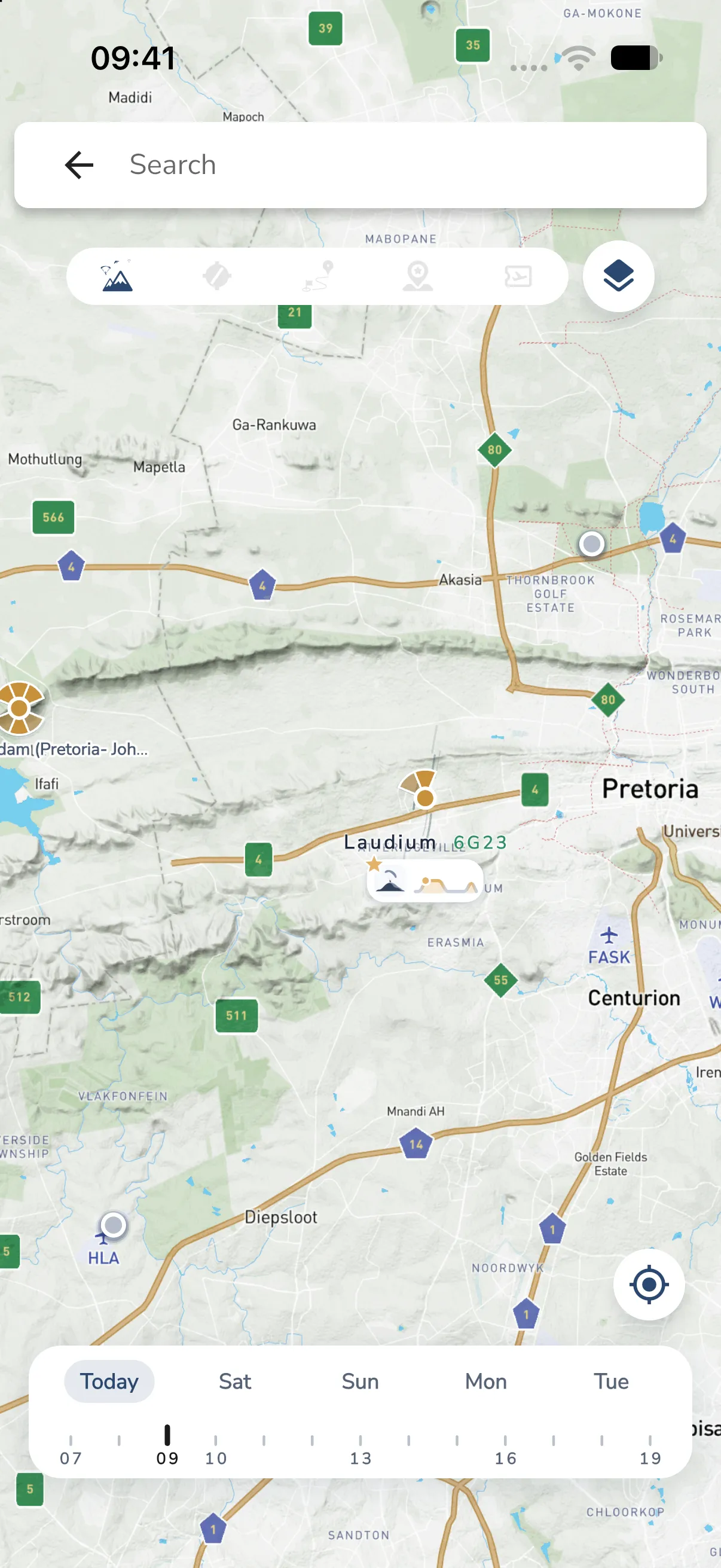 Time bar and flying sites on the Explore map