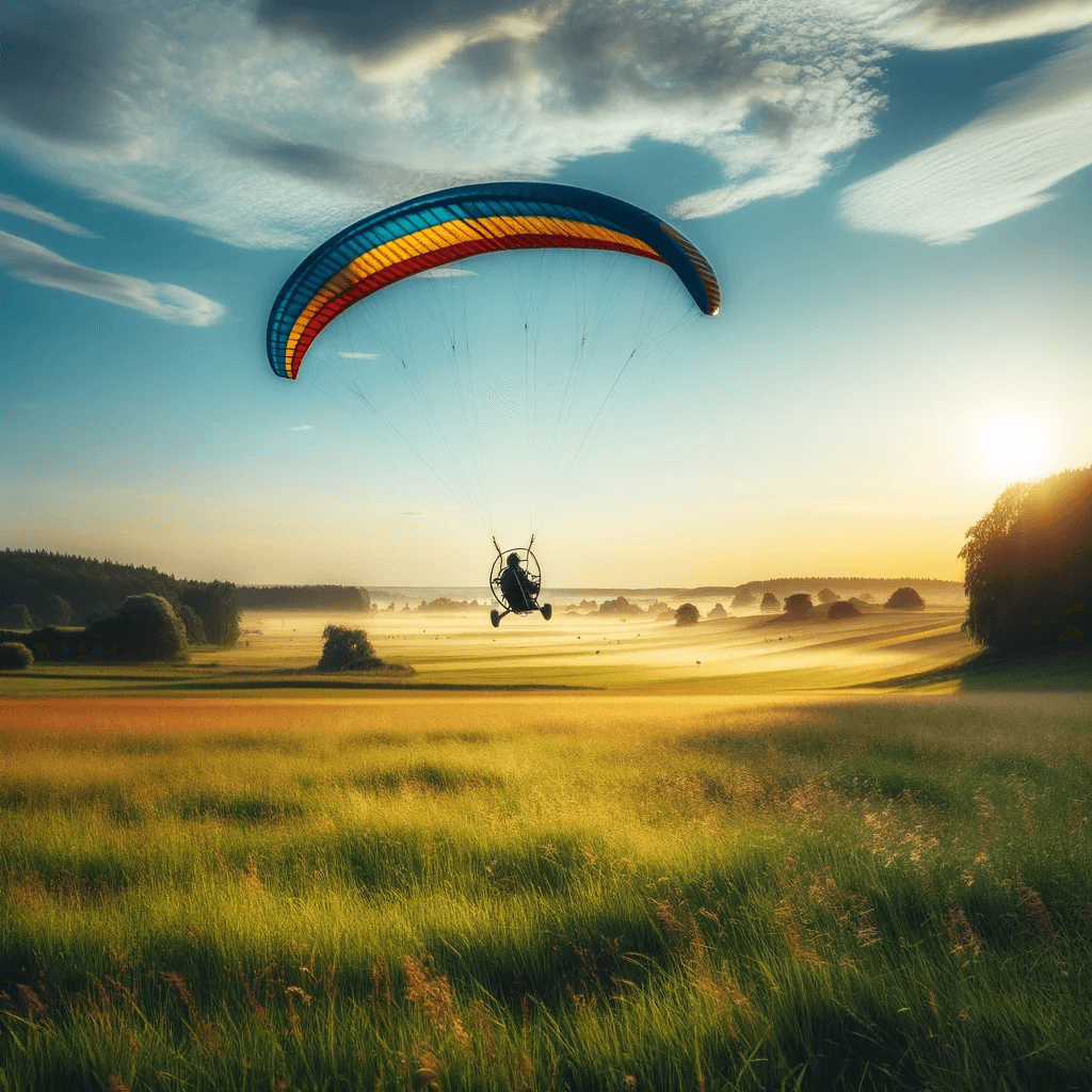 Image of a paramotor pilot flying over a scenic landscape